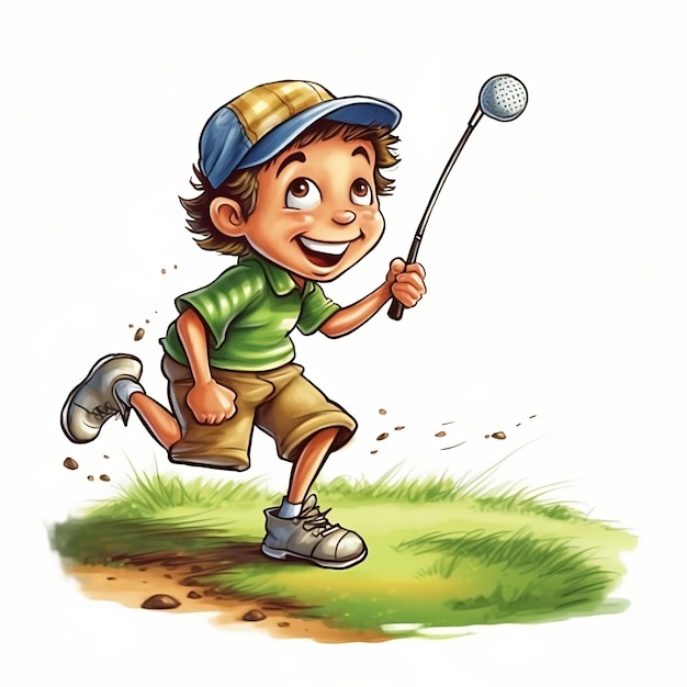 Um menino jogando golfe com um taco de golfe na mão.