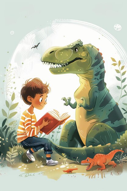 Foto um menino lendo um livro ao lado de um dinossauro