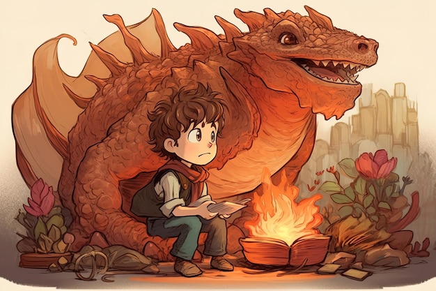 Um menino lendo um livro ao lado de um dragão.