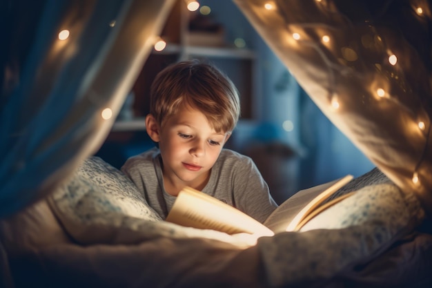 Um menino lendo um livro com um fundo desfocado de luzes