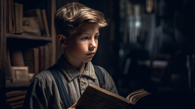 Um menino lendo um livro em um quarto escuro