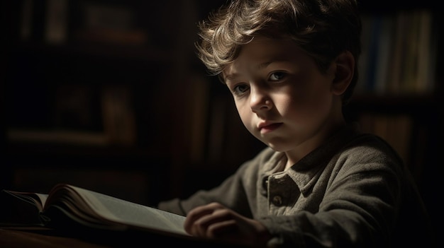 Um menino lendo um livro em um quarto escuro.