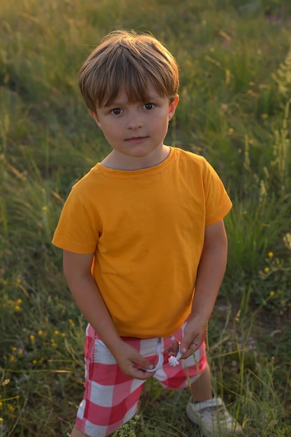 um menino loiro bonito em uma camiseta amarela fica no campo sob os raios do sol poente