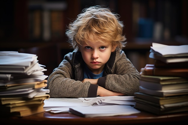 um menino loiro descontente senta-se ressentido em uma mesa com muitos livros e cadernos