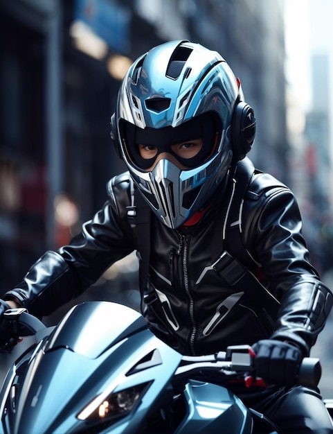 Foto um menino mascarado na moto em uma cidade tecnológica no estilo futurista