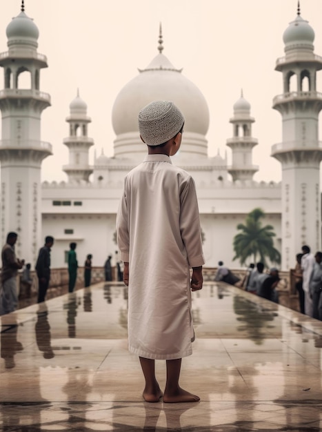 Um menino muçulmano vestindo roupas brancas e um gorro de oração na frente de uma mesquita