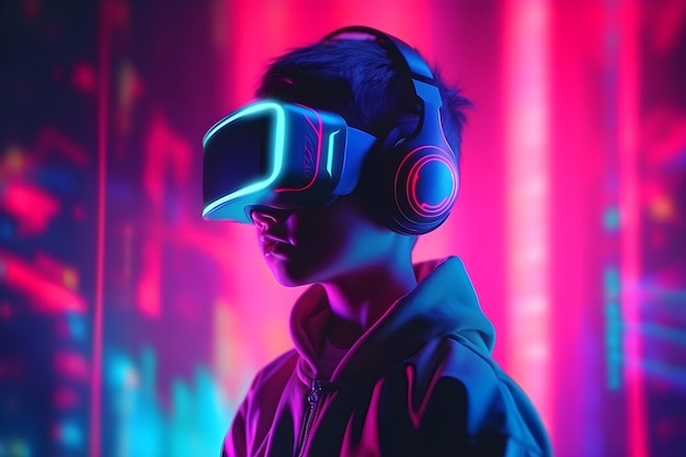 Um menino no fone de ouvido de realidade virtual em fundo roxo com luzes de neon