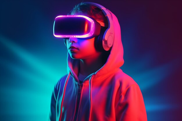 Um menino no fone de ouvido de realidade virtual em fundo roxo com luzes de neon