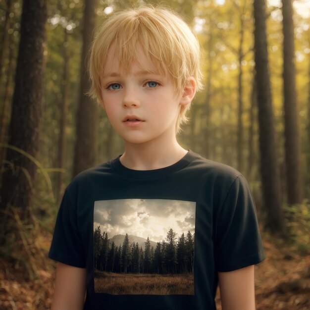 um menino numa floresta com um céu na camisa