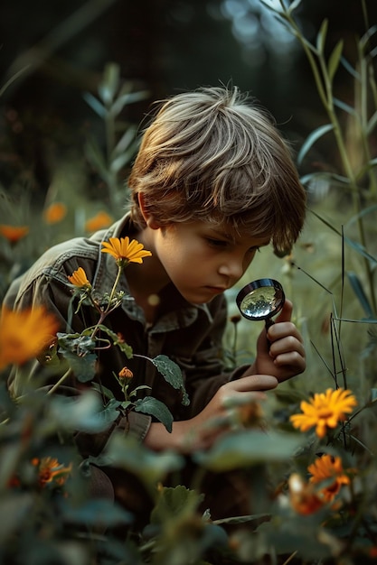 um menino olha através de uma lupa contra o fundo da natureza