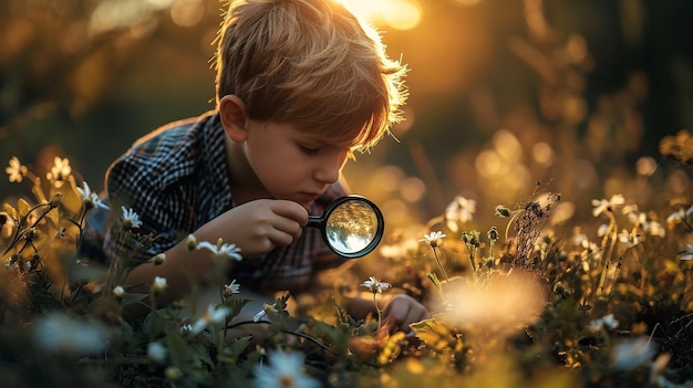 Foto um menino olha através de uma lupa contra o fundo da natureza