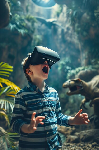 um menino olha para óculos de realidade virtual contra o fundo de dinossauros