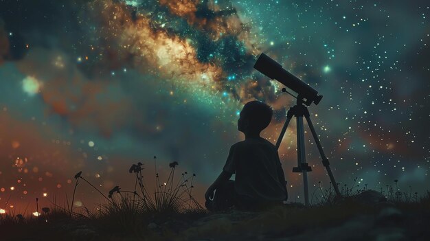 Foto um menino olhando para as estrelas através de um telescópio o menino está sentado no topo de uma colina cercado por grama alta o céu é escuro e cheio de estrelas