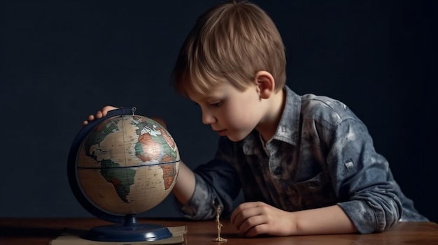 Um menino olhando para um globo com uma chave nele