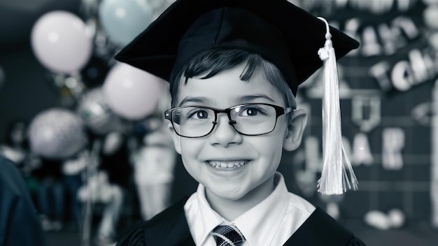 Um menino orgulhoso com óculos e boné de formatura.