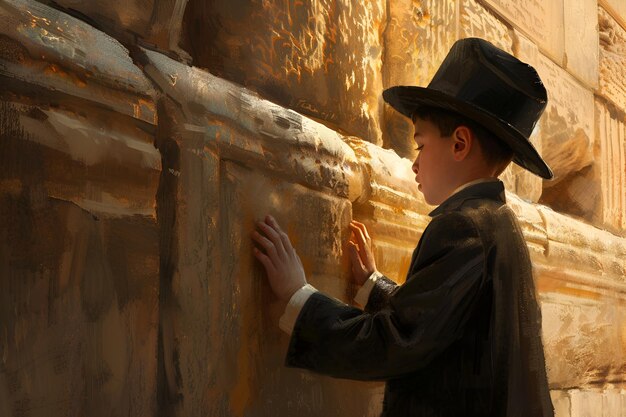 Foto um menino ortodoxo judeu reza no muro das lamentações