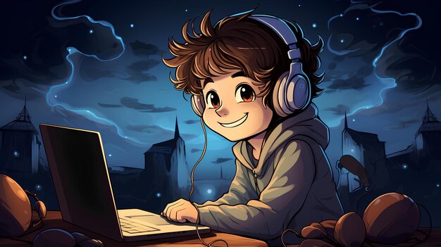 Um menino ouvindo música na frente do laptop à noite