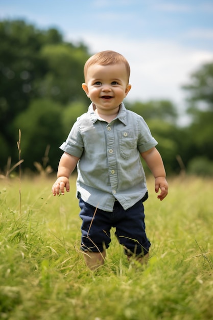 um menino parado em um campo de grama alta