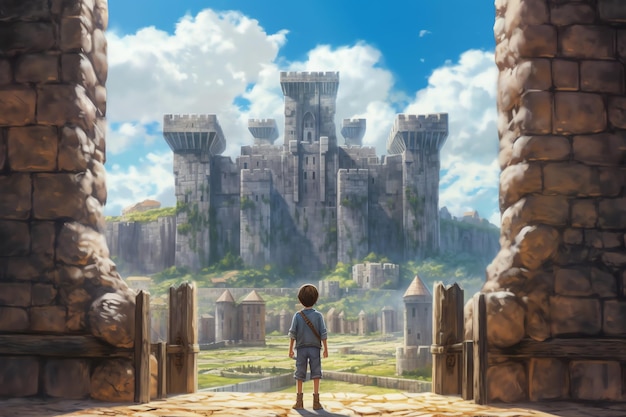 Um menino parado na frente de um castelo