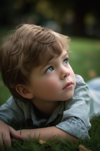 um menino parecendo pensativo enquanto estava deitado na grama criado com IA generativa