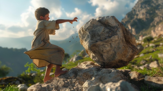 Um menino pastor atirando uma pedra em um gigante.