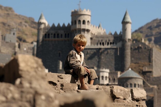 Foto um menino pequeno senta-se em uma parede na frente de um castelo