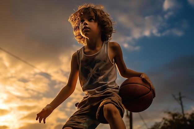 Um menino pratica suas habilidades de basquete