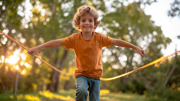 Um menino praticando equilíbrio e coordenação em uma linha de slackline