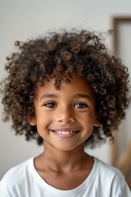 Um menino preto bonito com cabelos encaracolados e um sorriso travesso olhando para a câmera com curiosidade e constrangimento Conceito de inocência na infância