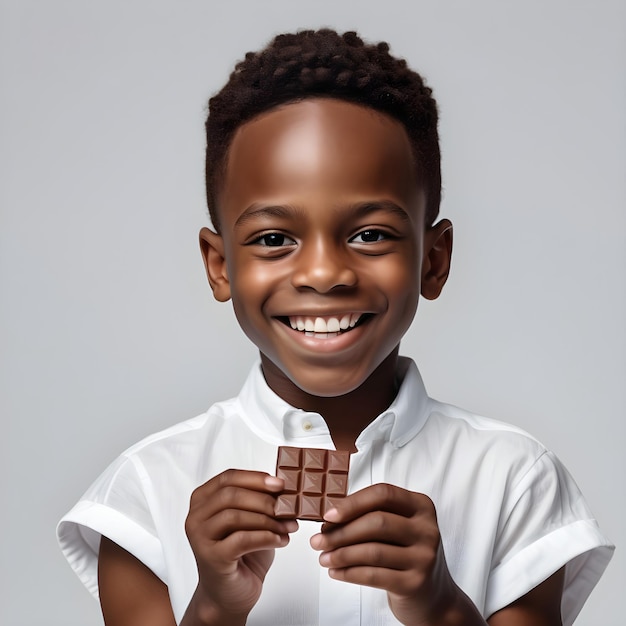 Um menino preto sorridente vestido de branco com chocolate na mão em um fundo simples