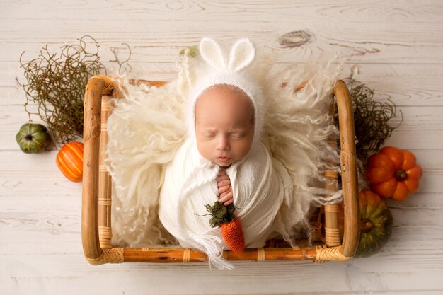 Um menino recém-nascido em um casulo branco em uma cesta de madeira contra um fundo de madeira clara chapéu de coelho com orelhas mãos pequenas seguram um brinquedo de cenoura de lã laranja fotografia profissional de estúdio