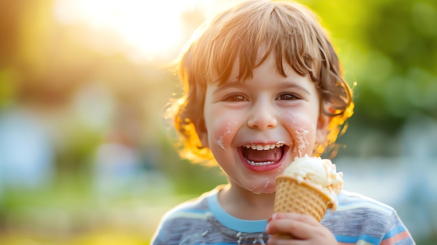 Um menino ri enquanto come um cone de sorvete