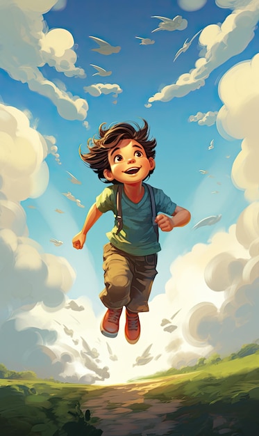 Um menino salta nas nuvens com a cabeça para baixo.