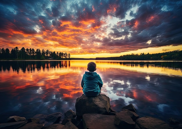 Um menino sardento com uma câmera capturando um pôr do sol de tirar o fôlego sobre um lago sereno A imagem foi tirada