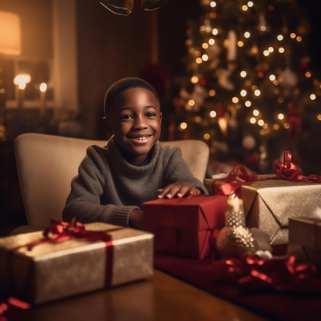 Um menino se senta em uma mesa com presentes e uma árvore de natal ao fundo