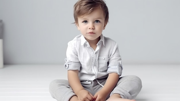 Um menino se senta no chão com uma camisa branca