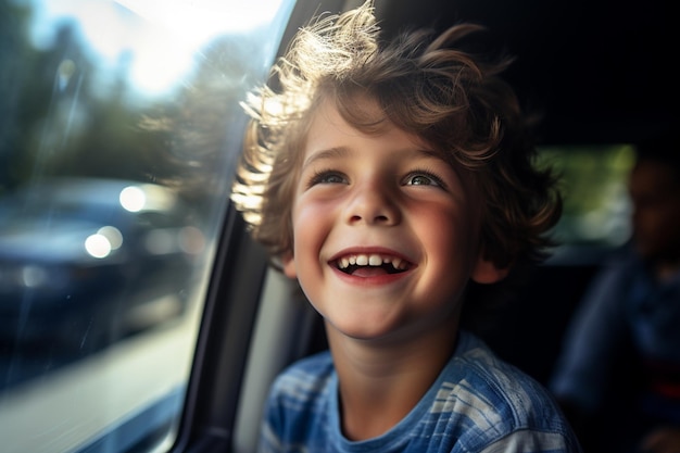 Um menino se senta perto da janela do carro enquanto dirige em uma viagem de carro com IA generativa