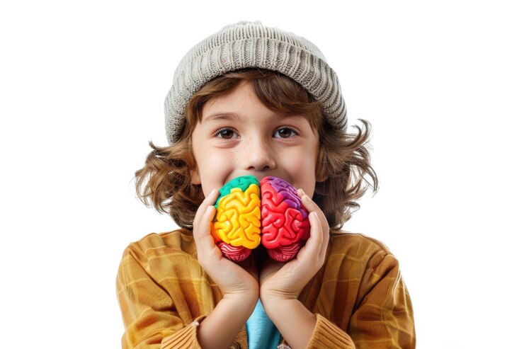 Foto um menino segura em suas mãos um brinquedo cerebral colorido adequado para fins educacionais ou lúdicos