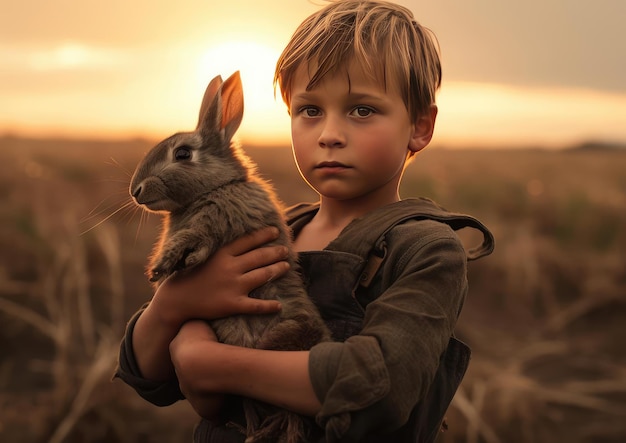 Um menino segura um coelho nas mãos