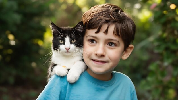 Foto um menino segura um gatinho preto e branco no ombro.