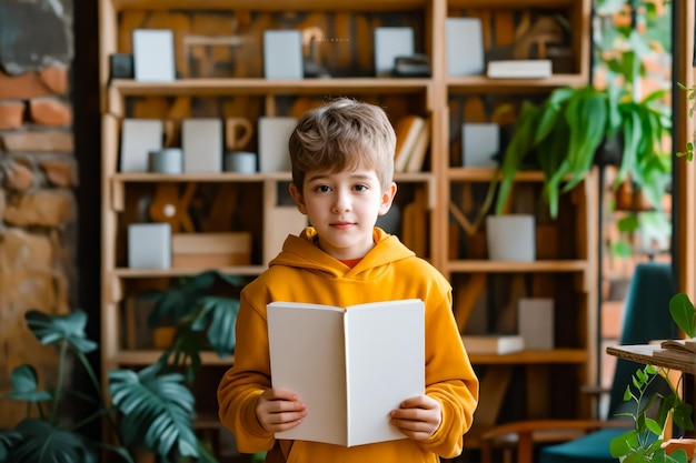 Um menino segurando um livro na frente de uma prateleira