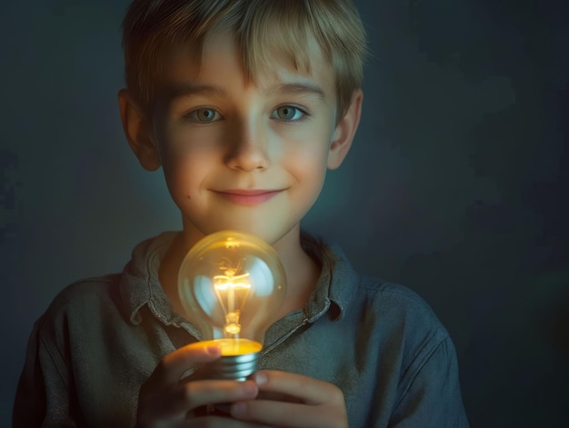 Um menino segurando uma lâmpada
