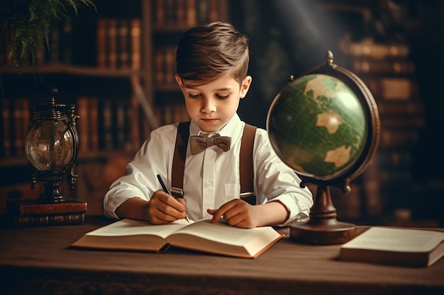 Um menino senta-se em uma mesa em frente a um globo e escreve em um caderno.