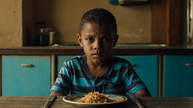 Um menino sentado à espera de ser alimentado na mesa de jantar com um prato vazio na frente dele
