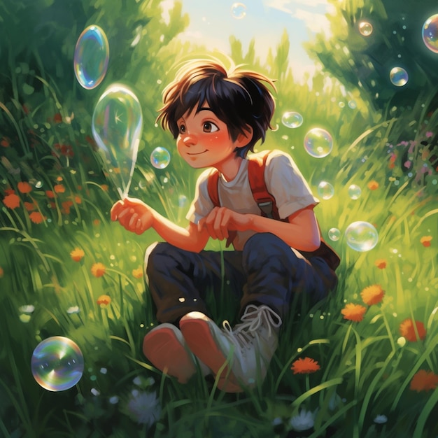 Um menino sentado em um campo de grama com bolhas nas mãos.