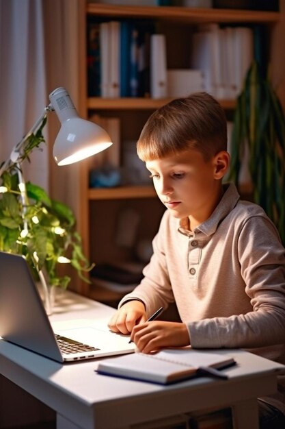 um menino sentado em uma mesa trabalhando em um laptop