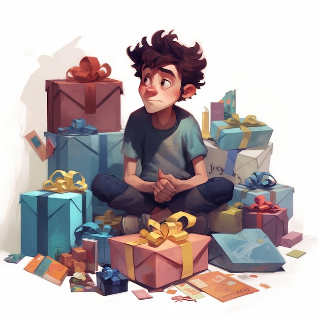 Um menino sentado no chão com muitos presentes ao seu redor