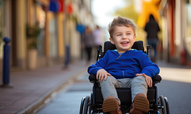 Foto um menino sentado numa cadeira de rodas numa rua da cidade