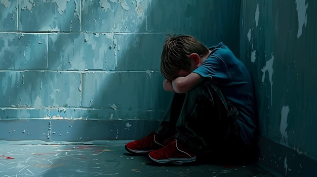 Um menino sentado sozinho e aconchegado num canto da escola o rosto escondido nas pernas os ombros encolhidos transmitem as profundas emoções da depressão