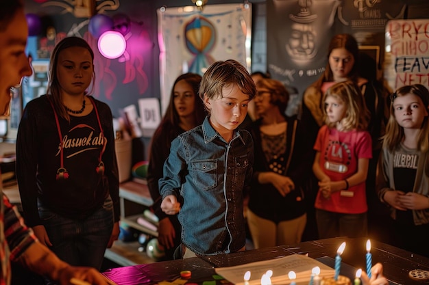 Um menino soprando velas em um bolo de aniversário